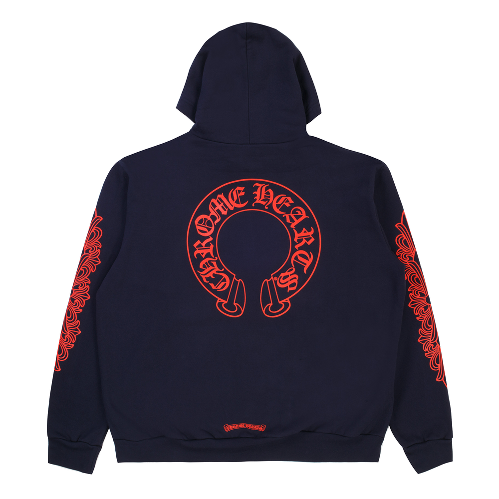 Chrome Hearts Navy&Red Horseshoe Floral Sleeve Hoodie