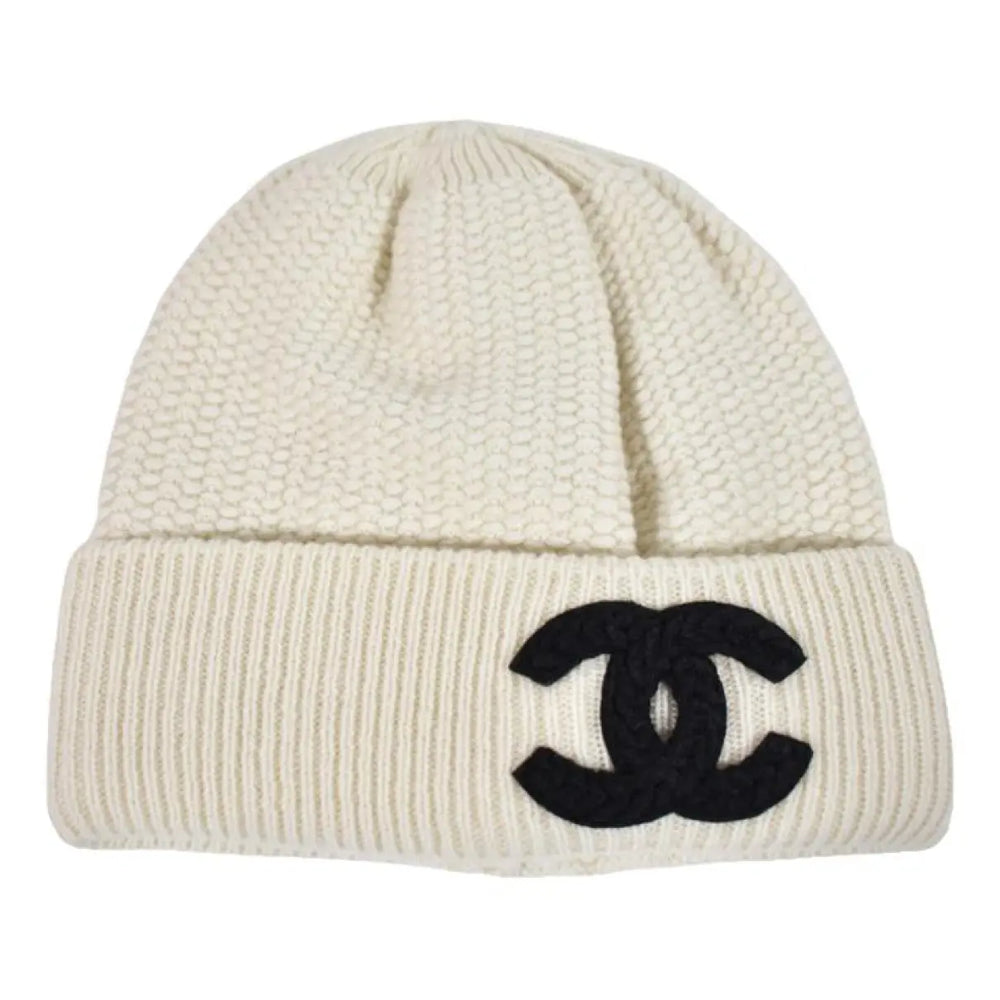 Chanel Knit Cashmere Black CC Logo Fold Over Beanie