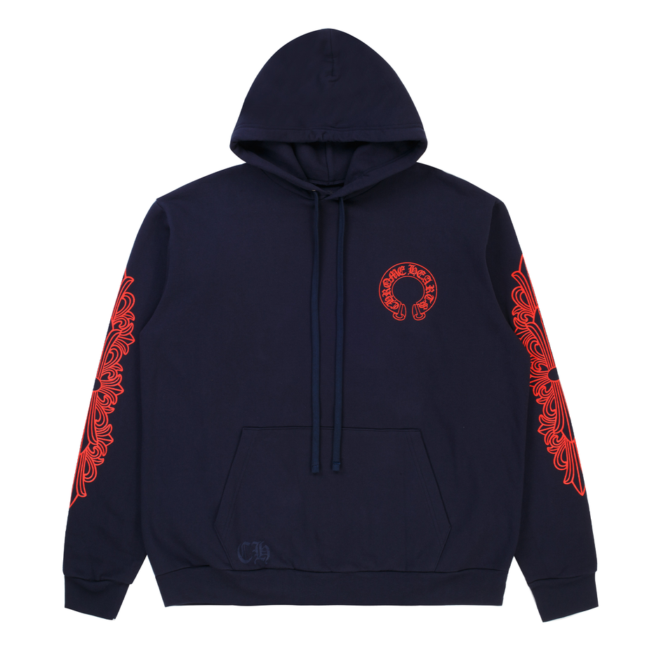 Chrome Hearts Navy&Red Horseshoe Floral Sleeve Hoodie
