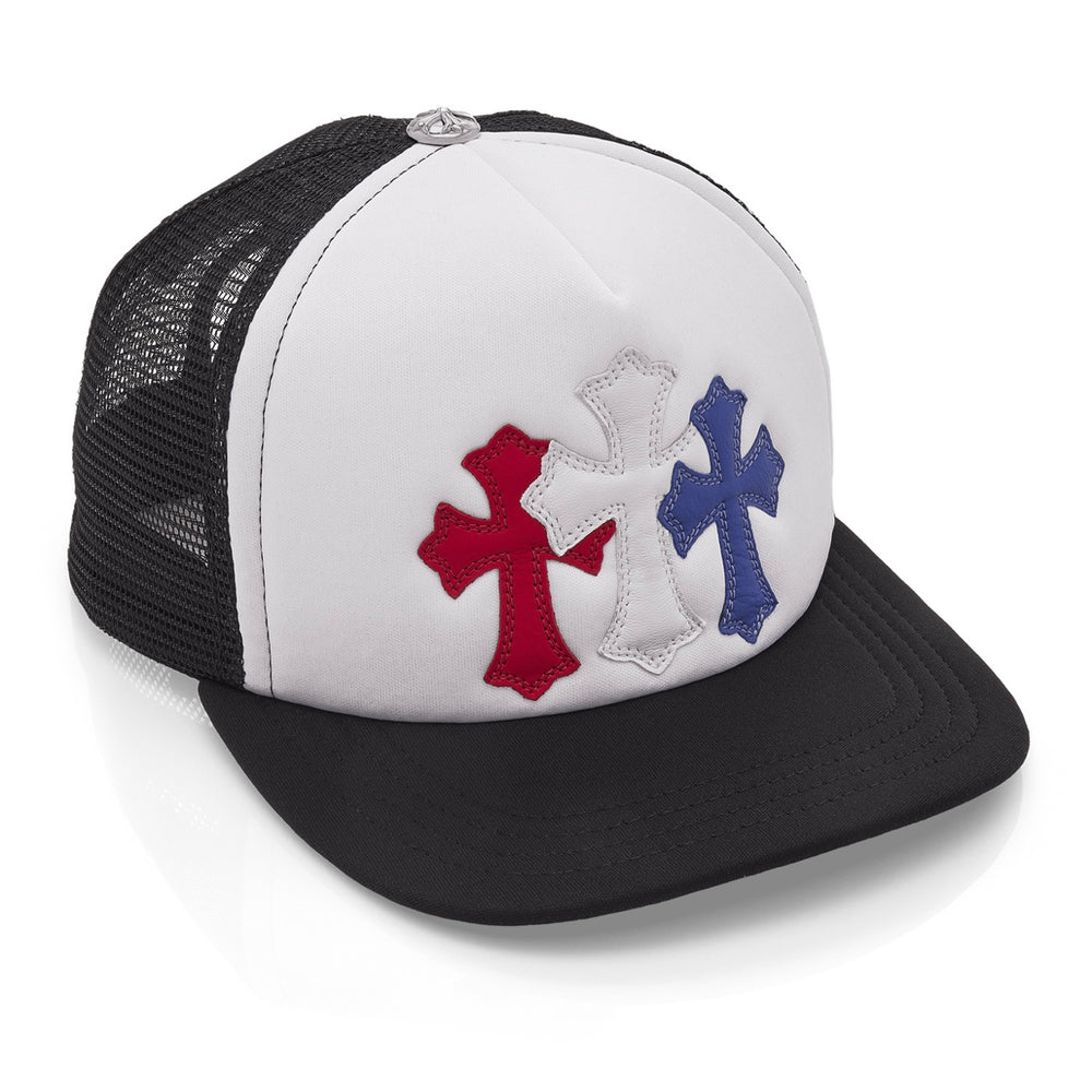 Chrome Hearts CH Triple Cemetery Cross Patches Leather Red/White/Blue Hat