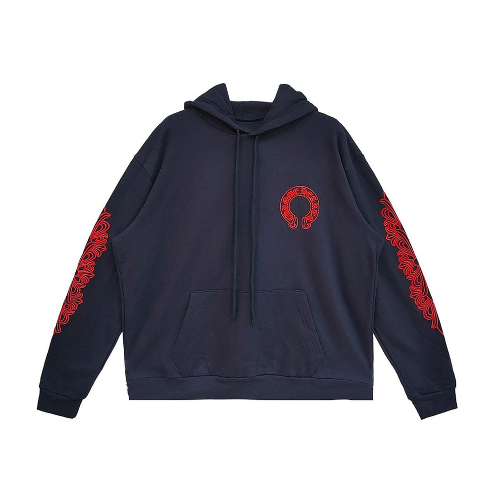 Chrome Hearts Navy&Red Horseshoe Floral Sleeve Hoodie