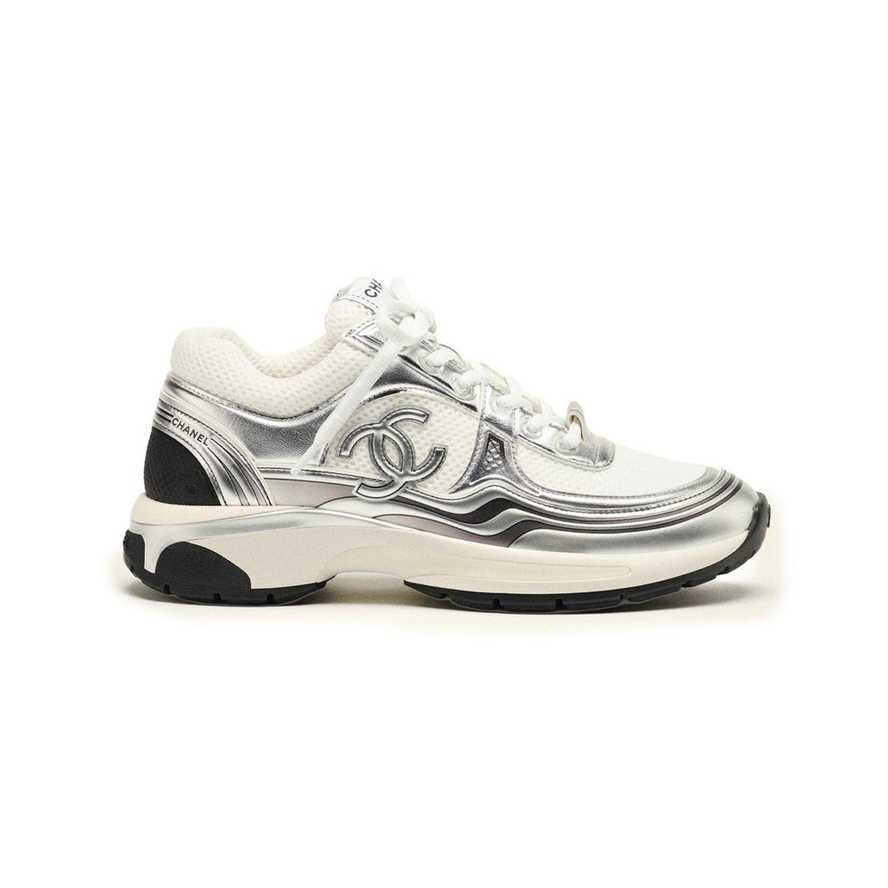 Chanel CC Logo Metallic Trainer (White/Silver)