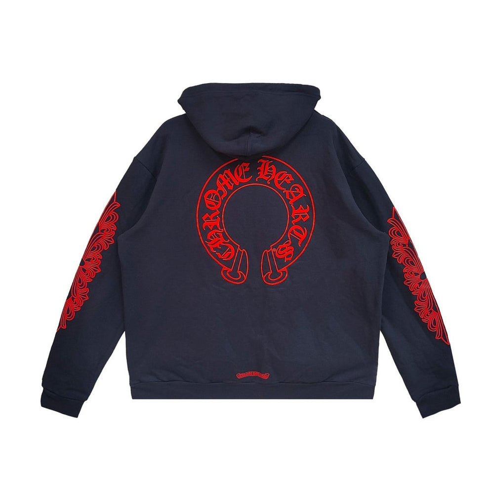 Chrome Hearts Navy&Red Horseshoe Floral Sleeve Hoodie